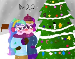 Size: 1280x1014 | Tagged: safe, artist:horroraceman93, derpibooru import, princess celestia, queen novo, equestria girls, my little pony: the movie, blushing, christmas, christmas tree, equestria girls-ified, female, holding hands, holiday, image, lesbian, novolestia, png, principal celestia, shipping, tree