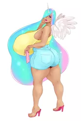 Size: 1819x2725 | Tagged: suggestive, artist:sundown, derpibooru import, princess celestia, alicorn, human, ass, big breasts, breasts, busty princess celestia, butt, clothes, ear piercing, earring, female, hair over one eye, high heels, horn, horned humanization, huge breasts, humanized, hyper, hyper breasts, image, impossibly large breasts, jeans, jewelry, jpeg, lips, lipstick, long hair, long nails, looking at you, makeup, moderate dark skin, nails, pants, piercing, shoes, shorts, simple background, solo, solo female, sunbutt, the ass was fat, thicc ass, white background, winged humanization, wings