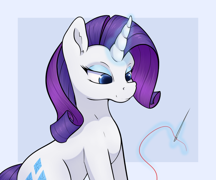 Size: 2400x2000 | Tagged: safe, artist:aquaticvibes, derpibooru import, rarity, pony, unicorn, female, glowing horn, horn, image, magic, mare, needle, png, simple background, solo, telekinesis, thread