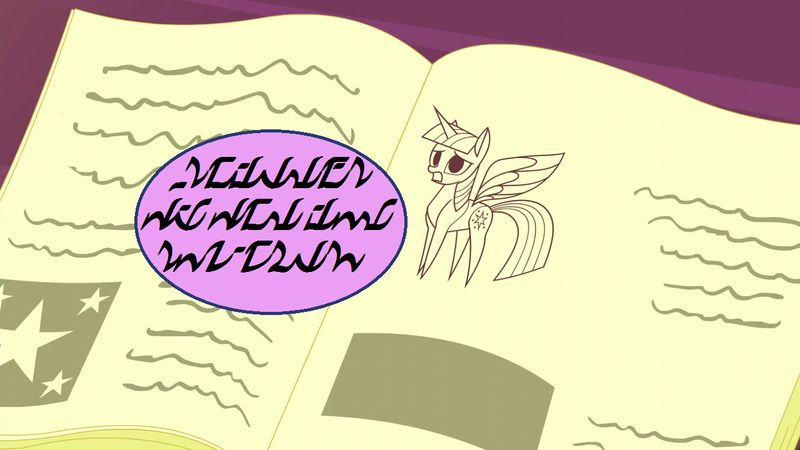 Size: 1280x720 | Tagged: safe, derpibooru import, edit, edited screencap, screencap, amending fences, d'ni language, d'ni script, grammar error, haycartes' method, image, implied moondancer, myst, paper twilight, png, speech, speech bubble, talking, translated in the description