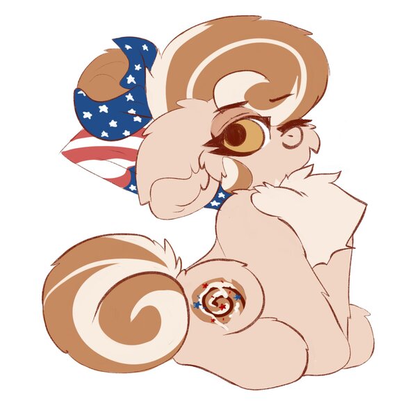 Size: 2048x2048 | Tagged: safe, artist:fluffycreativity, derpibooru import, oc, oc:cinnamon spangled, earth pony, pony, bandana, cheek fluff, chest fluff, cute, ear fluff, female, fluffy, image, jpeg, mare, one eye closed, simple background, sitting, solo, white background