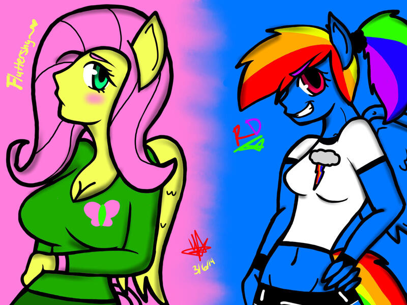 Size: 2048x1536 | Tagged: safe, artist:artmama113, derpibooru import, fluttershy, rainbow dash, anthro, pegasus, blushing, clothes, duo, grin, image, jpeg, signature, smiling