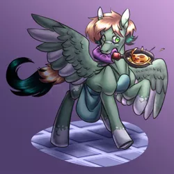 Size: 1280x1280 | Tagged: safe, artist:system-destroyer, artist:technodjent, derpibooru import, oc, oc:inex code, pegasus, pony, frying pan, image, jpeg, mouth hold, solo, two toned wings, wings