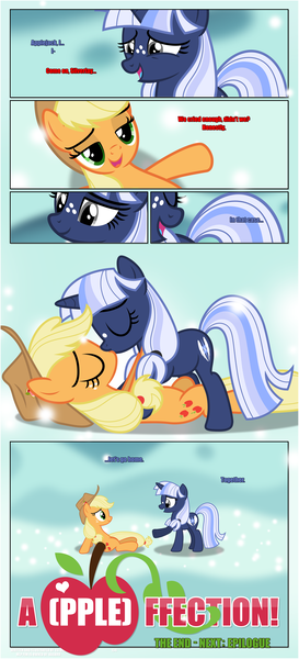 Size: 1919x4225 | Tagged: safe, artist:estories, derpibooru import, applejack, oc, oc:silverlay, earth pony, original species, pony, unicorn, comic:a(pple)ffection, applejack's hat, canon x oc, comic, cowboy hat, eyes closed, female, freckles, hat, image, kissing, lesbian, open mouth, png, shipping, silverjack, umbra pony, vector