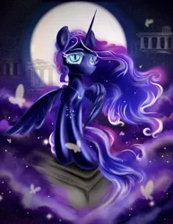 Size: 2550x3300 | Tagged: safe, artist:eris azure, derpibooru import, nightmare moon, alicorn, butterfly, insect, pony, cloud, eyebrows, image, jewelry, jpeg, mane, moon, necklace, sky, solo, stars