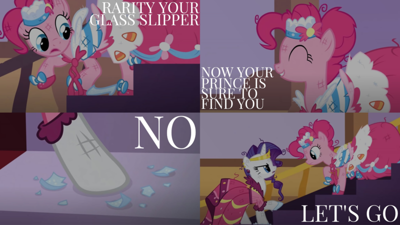 Size: 1986x1117 | Tagged: safe, derpibooru import, edit, edited screencap, editor:quoterific, screencap, glass slipper, pinkie pie, rarity, earth pony, pony, unicorn, the best night ever, angry, cinderella, clothes, dress, duo, duo female, eyes closed, female, gala dress, image, messy mane, open mouth, png, reference, solo, stomping