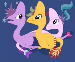 Size: 900x745 | Tagged: safe, artist:albertonykus, derpibooru import, starlight glimmer, sunset shimmer, twilight sparkle, dinosaur, maniraptor, oviraptor, dinosaurified, image, my little maniraptor, png, species swap