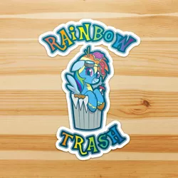 Size: 1200x1200 | Tagged: safe, artist:christad, derpibooru import, rainbow dash, amazon.com, image, jpeg, rainbow trash, scrunchy face, sticker, trash can