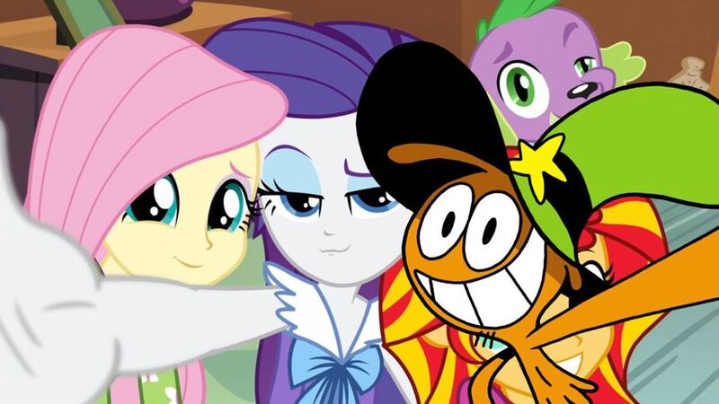 Size: 959x540 | Tagged: safe, derpibooru import, edit, edited screencap, screencap, fluttershy, rarity, spike, sunset shimmer, equestria girls, rainbow rocks, crossover, friendshipping, image, jpeg, selfie, sleepover, slumber party, wander (wander over yonder), wander over yonder