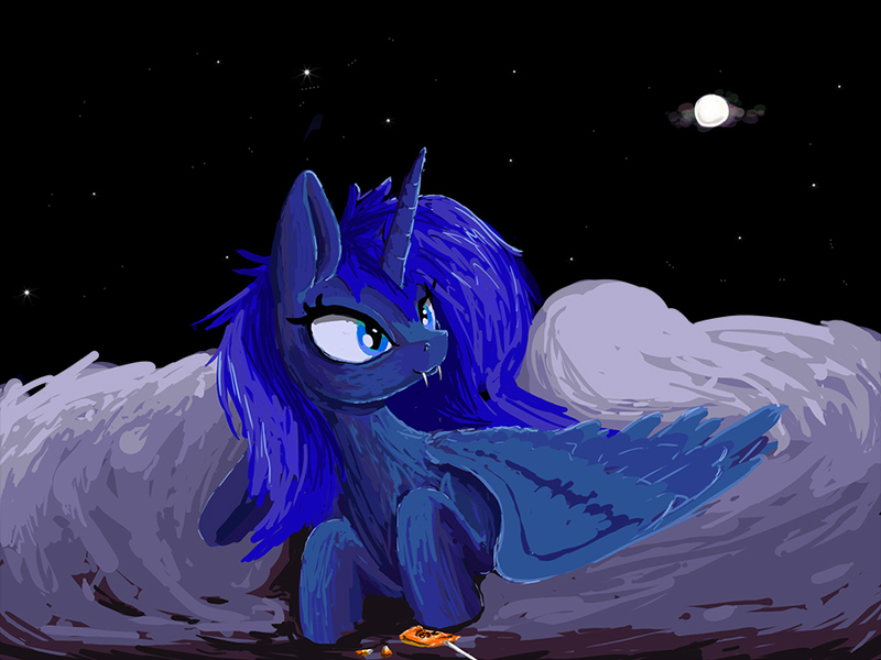 Size: 900x675 | Tagged: source needed, safe, artist:slamjam, derpibooru import, princess luna, alicorn, pony, candy, fangs, female, food, halloween, holiday, image, jpeg, mare, moon, solo