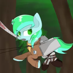 Size: 2449x2449 | Tagged: safe, artist:sharkdoggo, derpibooru import, oc, oc:starshine, unofficial characters only, earth pony, 3d maneuver gear, attack on titan, clothes, earth pony oc, image, mouth hold, outdoors, png, solo, sword, weapon