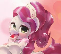 Size: 2048x1819 | Tagged: safe, artist:kurogewapony, derpibooru import, cherry jubilee, earth pony, pony, blushing, bust, cherry, female, food, image, jojo's bizarre adventure, jpeg, looking at you, mare, rerorero, solo, tongue out