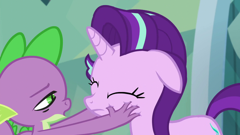 Size: 1920x1080 | Tagged: safe, derpibooru import, screencap, spike, starlight glimmer, dragon, pony, unicorn, the crystalling, duo, eyes closed, female, image, lidded eyes, male, mare, open mouth, out of context, png