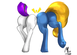 Size: 4961x3508 | Tagged: suggestive, artist:mekblue, derpibooru import, oc, oc:aleister, oc:mechanical star, unofficial characters only, earth pony, pegasus, bump, butt, butt bump, earth pony oc, image, lifted leg, pegasus oc, png, raised tail, simple background, tail, transparent background, underhoof, wings
