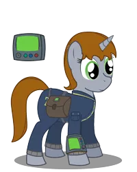 Size: 1000x1250 | Tagged: safe, artist:warren peace, derpibooru import, oc, oc:littlepip, pony, unicorn, fallout equestria, bag, bobby pin, clothed ponies, clothes, cutie mark, fallout, female, image, mare, pipbuck, png, saddle bag, shadow, simple background, smiling, solo, stable 2, transparent background, vault suit, vector