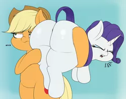 Size: 2498x1980 | Tagged: suggestive, artist:blitzyflair, derpibooru import, applejack, rarity, earth pony, pony, unicorn, ..., :s, angry, applejack is not amused, bipedal, butt, carrying, cowboy hat, eyes closed, female, freckles, grabbing, hat, hind legs, holding, image, jpeg, legs together, lidded eyes, mare, marshmelodrama, open mouth, plot, rarity being rarity, rarity is a marshmallow, rear view, rearity, screaming, the ass was fat, unamused, wavy mouth