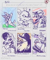 Size: 854x1026 | Tagged: safe, artist:bose, derpibooru import, rarity, anthro, cat, guilmon, human, pony, unicorn, six fanarts, aigis, animal crossing, anthro with ponies, breath of fire, bust, crossover, digimon, female, gun, hollow knight, image, male, mare, persona, png, shovel knight, weapon