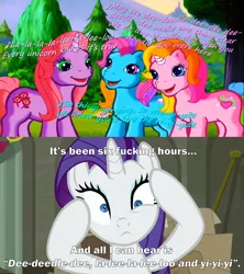 Size: 2000x2250 | Tagged: safe, derpibooru import, edit, edited screencap, screencap, cheerilee (g3), rainbow dash (g3), rarity, rarity (g3), earth pony, pony, unicorn, the saddle row review, box, bush, caption, comic, ear worm, eye twitch, female, g3, greetings from unicornia, hooves on face, image, image macro, mare, open mouth, png, princess rarity, rarity for you, screencap comic, text, tree, vulgar, wish you were here (song)