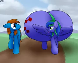 Size: 2322x1875 | Tagged: suggestive, artist:the-furry-railfan, derpibooru import, oc, oc:felicity stars, oc:tenno, unofficial characters only, earth pony, pegasus, butt, cloud, cloudy, dirt road, huge butt, hyper, hyper butt, image, impossibly large butt, large butt, mountain, mountain range, png, spread wings, surprised, tongue out, walking, wings