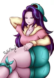Size: 700x1000 | Tagged: suggestive, artist:redvalshay, derpibooru import, rarity, starlight glimmer, human, equestria girls, alternate hairstyle, arm behind head, ass, bedroom eyes, breasts, busty starlight glimmer, butt, cap, cleavage, clothes, disguise, glimmer glutes, hat, humanized, image, implied rarity, large butt, legs, plainity, png, solo, the ass was fat