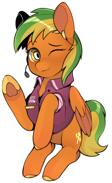 Size: 3608x5901 | Tagged: safe, artist:sugarelement, derpibooru import, oc, oc:naviga, unofficial characters only, pegasus, pony, 911, clothes, dispatcher, female, image, mare, microphone, one eye closed, png, simple background, solo, transparent background, uniform, waving, waving at you