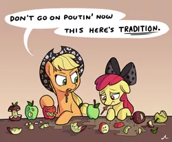 Size: 2951x2428 | Tagged: safe, artist:docwario, derpibooru import, apple bloom, applejack, pony, apple carving, applejack's hat, carving, cowboy hat, female, halloween, hat, holiday, image, jacktober, open mouth, png, ribbon, siblings, sisters, tradition, upset