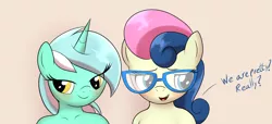 Size: 2332x1065 | Tagged: suggestive, artist:tolpain, derpibooru import, bon bon, lyra heartstrings, sweetie drops, anthro, pony, blushing, cropcon, cropped, cute, dialogue, female, filly, glasses, image, lesbian, lyrabon, png, shipping, younger