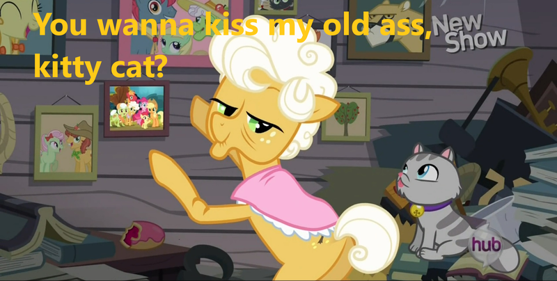 Size: 1680x848 | Tagged: suggestive, derpibooru import, edit, edited screencap, screencap, goldie delicious, cat, earth pony, pony, pinkie apple pie, butt, elderly, female, hub logo, image, implied ass kissing, implied bestiality, kiss my ass, mare, picture frame, plot, png, text, tongue out
