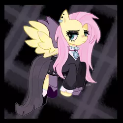 Size: 2000x2000 | Tagged: safe, artist:pxunii, derpibooru import, fluttershy, pegasus, pony, fake it 'til you make it, clothes, dress, ear piercing, eyeshadow, female, fluttergoth, goth, high res, image, jpeg, makeup, mare, piercing, solo, spread wings, wings