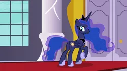 Size: 1920x1080 | Tagged: safe, derpibooru import, screencap, princess luna, alicorn, pony, a royal problem, butt, female, image, looking back, luna is not amused, mare, plot, png, raised hoof, solo, sun, swapped cutie marks, unamused