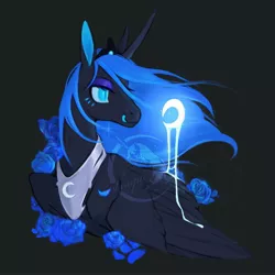 Size: 2500x2500 | Tagged: safe, artist:estrellawu, artist:tiffna0310, derpibooru import, nightmare moon, alicorn, pony, black background, blue rose, blue tongue, crescent moon, crown, female, flower, high res, image, jewelry, jpeg, mare, moon, regalia, rose, simple background, solo, tongue out
