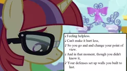 Size: 1280x720 | Tagged: safe, derpibooru import, edit, edited screencap, screencap, moondancer, amending fences, canterlot, glasses, image, lyrics, party decorations, png, sad, song reference, text, the seeds of the past