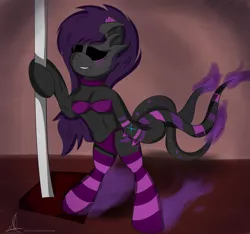 Size: 3100x2899 | Tagged: safe, artist:almaustral, derpibooru import, oc, oc:despair, unofficial characters only, anthro, earth pony, unguligrade anthro, arm hooves, black sclera, bra, clothes, earth pony oc, female, image, png, socks, solo, striped socks, stripper pole, underwear