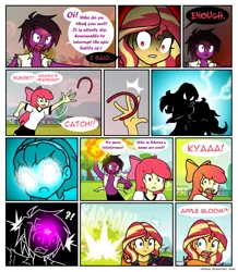 Size: 784x898 | Tagged: safe, artist:crydius, derpibooru import, apple bloom, sunset shimmer, oc, oc:eldritch, oc:feral (crydius), oc:gamma, robot, comic:the first year's dodgeball competition, equestria girls, angry, comic, explosion, female, fire, glowing eyes, gynoid, headband, image, magical lesbian spawn, offspring, open mouth, parent:oc:crydius, parent:sci-twi, parent:sunset shimmer, parent:tempest shadow, parents:scitwishimmer, png, sunset satan, this will end in death, this will end in tears, this will end in tears and/or death