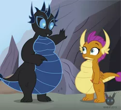 Size: 1385x1257 | Tagged: safe, artist:wheatley r.h., derpibooru import, smolder, oc, oc:w. rhinestone eyes, dragon, belly, big belly, derpibooru exclusive, dragoness, dragoness wheatley, dragon oc, duo, duo female, fat, fat tail, female, gem, image, jpeg, pointing, sblobder, vector, watermark