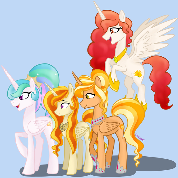 Size: 1920x1920 | Tagged: safe, artist:chelseawest, derpibooru import, princess celestia, oc, oc:sol, oc:solstice, oc:sunny glow, alicorn, female, flying, granddaughter, grandmother and grandchild, grandmother and granddaughter, great granddaughter, image, jpeg, momlestia, mother and child, mother and daughter, offspring, offspring's offspring, royalty