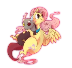 Size: 1024x965 | Tagged: safe, artist:lucitfandmlp, derpibooru import, discord, fluttershy, draconequus, pegasus, pony, button eyes, ear fluff, female, head turned, holding, image, looking away, looking up, mare, plushie, png, simple background, smiling, solo, spread wings, transparent background, wings