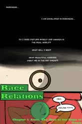 Size: 2062x3131 | Tagged: safe, artist:datzigga, derpibooru import, oc, oc:anon, human, comic:race relations, comic, dark skin, dialogue, image, jpeg, title page