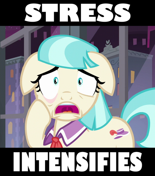 Size: 918x1039 | Tagged: safe, derpibooru import, edit, edited screencap, screencap, coco pommel, made in manehattan, caption, cropped, floppy ears, image, image macro, meme, png, stressed, text, uvula, x intensifies