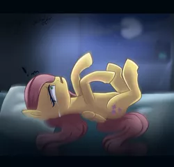 Size: 2300x2200 | Tagged: safe, artist:melanyoprisdraws, derpibooru import, fluttershy, bad dream, bed, crying, exclamation point, image, lying down, nightmare, nightmares, on back, png, solo