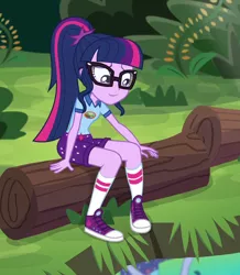 Size: 716x820 | Tagged: safe, derpibooru import, edit, edited screencap, editor:mycarhasamoustache, screencap, sci-twi, twilight sparkle, equestria girls, legend of everfree, camp everfree outfits, clothes, converse, cropped, female, image, png, shoes, smile edit, solo