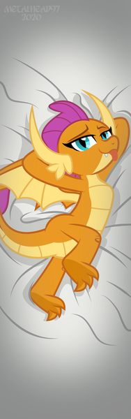 Size: 1969x6299 | Tagged: safe, artist:metalhead97, derpibooru import, smolder, dragon, bedroom eyes, body pillow, body pillow design, clothes, commission, cute, dakimakura cover, dragoness, embarrassed body exposure, female, image, lidded eyes, looking at you, png, show accurate, smolderbetes, solo, spread toes, stretching, toes