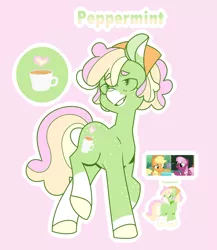 Size: 1280x1473 | Tagged: safe, artist:amazingly-gay-evan, derpibooru import, applejack, cheerilee, oc, oc:peppermint, earth pony, pony, cheerijack, female, image, jpeg, lesbian, magical lesbian spawn, mare, offspring, parent:applejack, parent:cheerilee, parents:cheerijack, pink background, screencap reference, shipping, simple background, socks (coat marking), solo