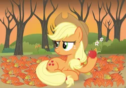 Size: 4561x3209 | Tagged: safe, artist:anime-equestria, derpibooru import, applejack, earth pony, pony, apple, applejack's hat, bush, cowboy hat, female, flower, food, freckles, hat, hill, hoof hold, image, leaves, mare, png, ponytail, smiling, solo, sunset, tree