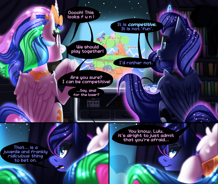 Size: 3840x3240 | Tagged: questionable, artist:zvn, derpibooru import, princess celestia, princess luna, alicorn, pony, comic, commissioner:kornbrony, dialogue, female, gamecube, image, imminent anal, imminent incest, imminent sex, implied futa, incest, lesbian, mare, png, princest, shipping, super smash bros.