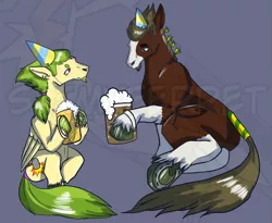 Size: 3379x2777 | Tagged: safe, artist:slimyferret, derpibooru import, oc, oc:platinum forge, oc:sour scotch, clydesdale, earth pony, pegasus, 2021, beard, beer stein, celebrating, cider, drink, duo, facial hair, frog (hoof), gelding, happy new year, hat, holiday, hoof hold, horseshoes, image, new year, party hat, png, simple background, sitting, underhoof, unshorn fetlocks