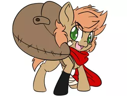 Size: 2048x1536 | Tagged: safe, artist:steelsoul, derpibooru import, oc, oc:himmel, earth pony, pony, backpack, bandaged leg, clothes, colt, earth pony oc, image, looking at you, male, open mouth, png, scarf, simple background, solo, white background