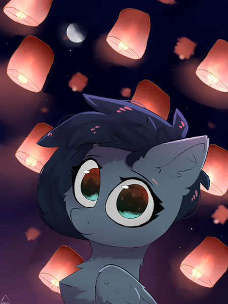 Size: 1500x2000 | Tagged: safe, artist:glazirka, derpibooru import, oc, unofficial characters only, pegasus, pony, bust, cheek fluff, chest fluff, ear fluff, image, lantern, looking at you, moon, night, paper lantern, png, portrait, smiling, solo