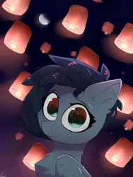 Size: 1500x2000 | Tagged: safe, artist:glazirka, derpibooru import, oc, unofficial characters only, pegasus, pony, bust, cheek fluff, chest fluff, ear fluff, image, lantern, looking at you, moon, night, paper lantern, png, portrait, smiling, solo