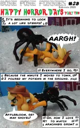 Size: 1896x3026 | Tagged: safe, artist:eskerata, derpibooru import, applejack, earth pony, pony, spider, 2 panel comic, bone pone funnies, cartoon, comic, dark comedy, funny, holiday, image, jpeg